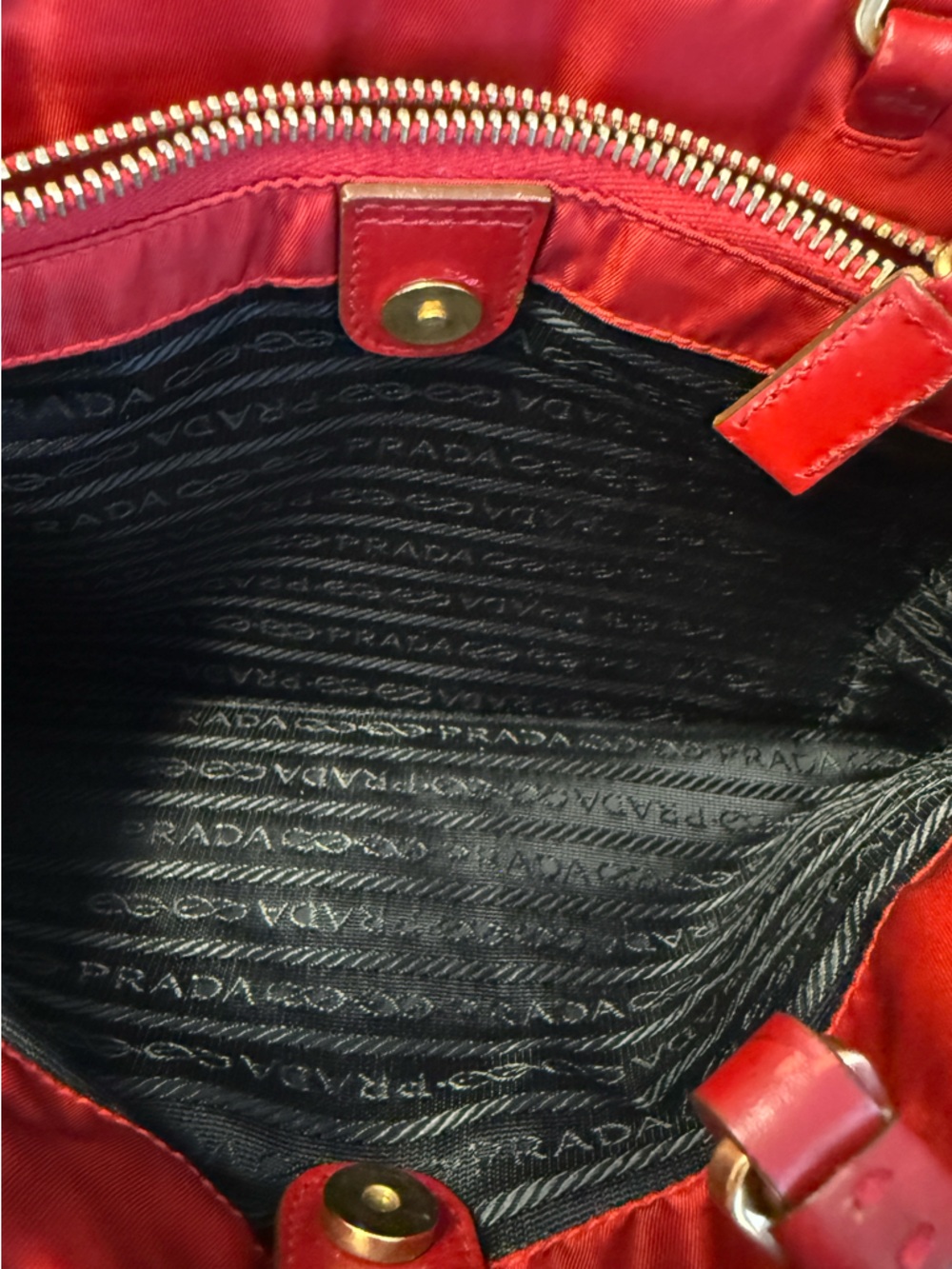 Prada Tessuto Nylon & Leather Shoulder Tote Bag Red & Gold - Picture 9 of 12